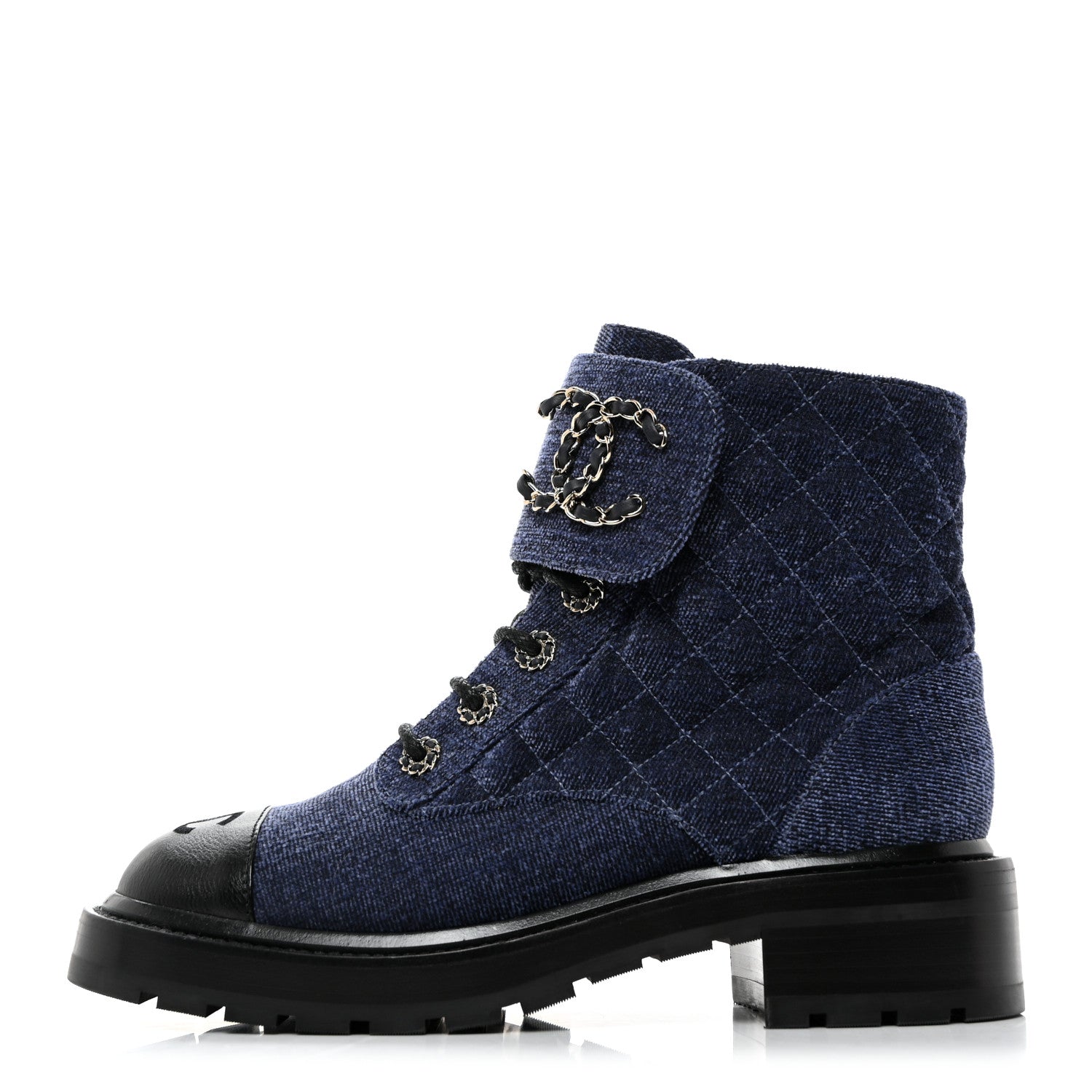Chanel Denim Calfskin Quilted Lace Up Combat Boots 38.5 Blue 1 of 9