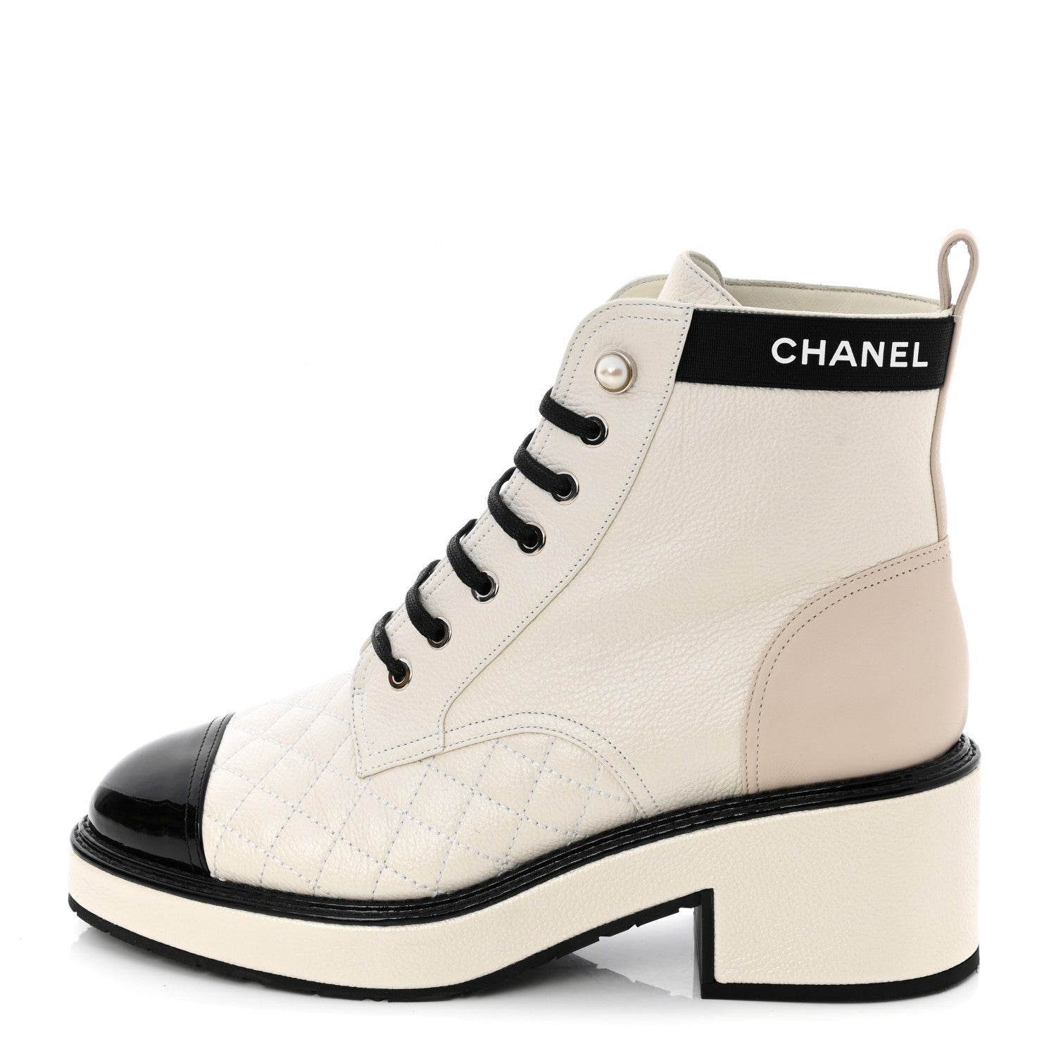 Chanel Pearly Calfskin Patent Calfskin Quilted Lace Up Boots 39 White Light Gray Black 1 of 11