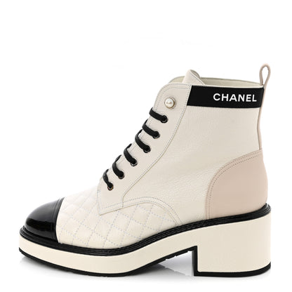 Chanel Pearly Calfskin Patent Calfskin Quilted Lace Up Boots 39 White Light Gray Black 1 of 11