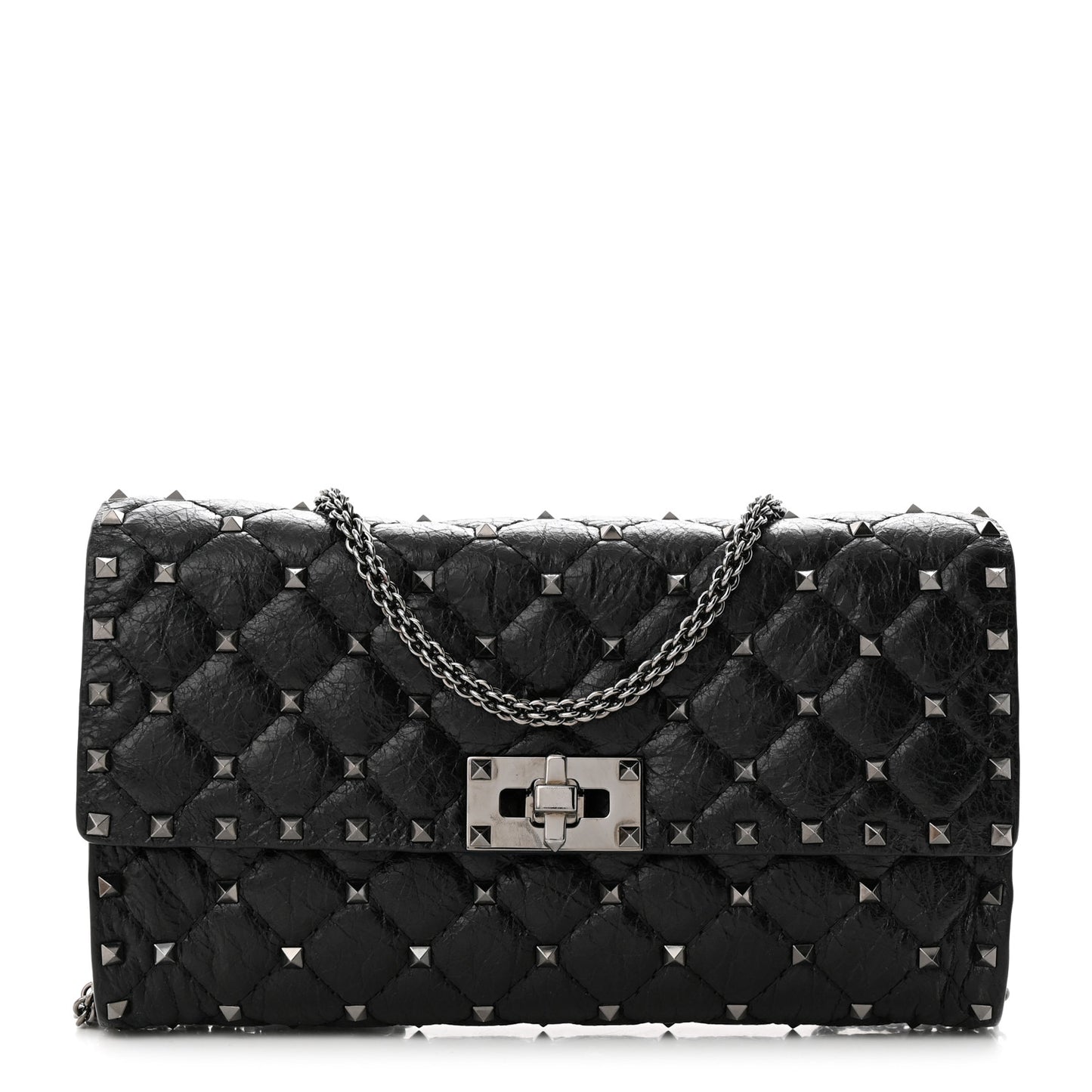 Craquele Nappa Rockstud Spike Wallet on Chain Black