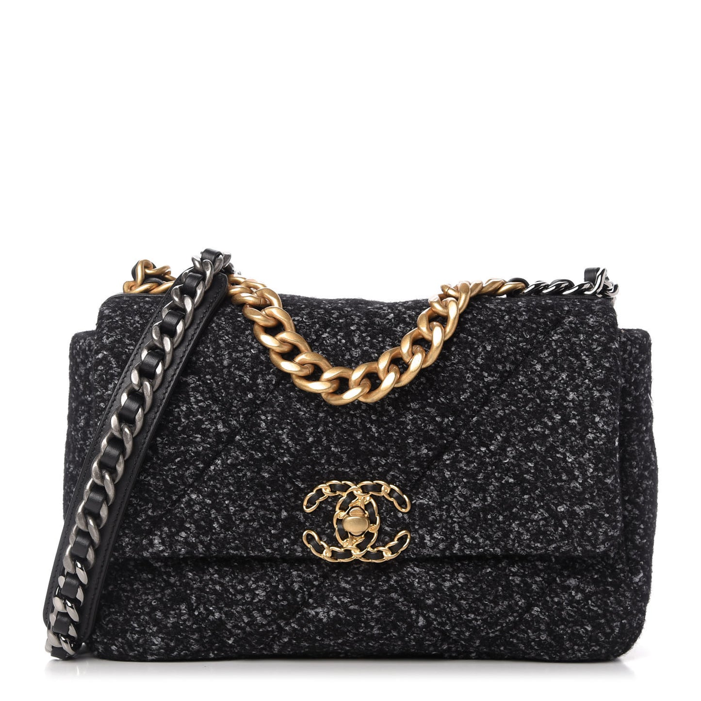 Tweed Quilted Medium Chanel 19 Flap Black