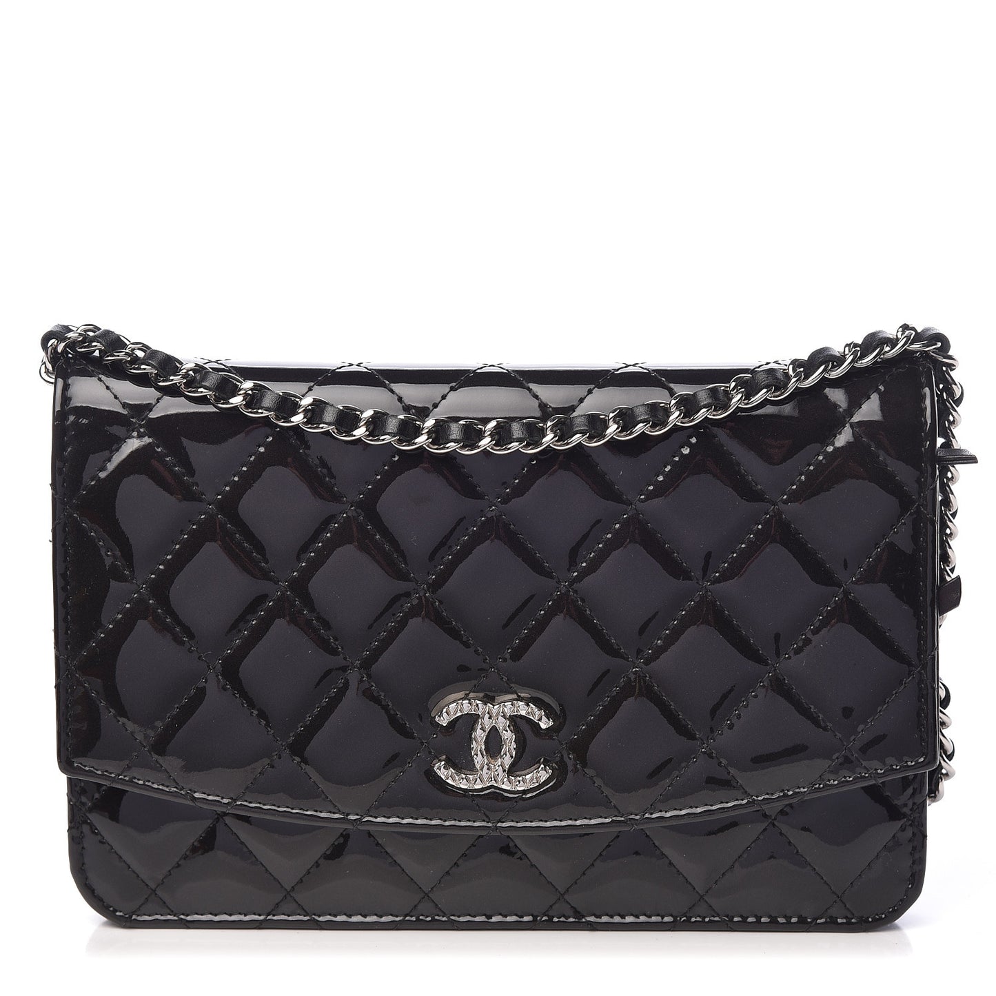 Patent Quilted Brilliant Wallet On Chain WOC Black