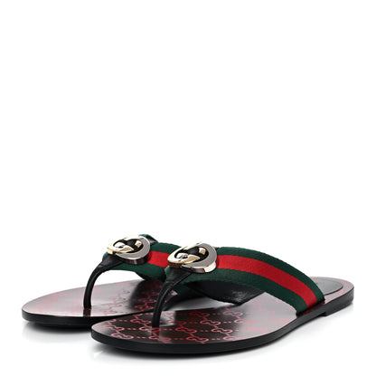 Gucci Nylon Calfskin Web GG Monogram Womens Thong Sandals 40 Green Red Cocoa 3 of 9