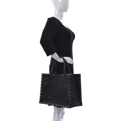 Christian Dior Calfskin Laser Cut Studded Medium Book Tote Black 2 of 7