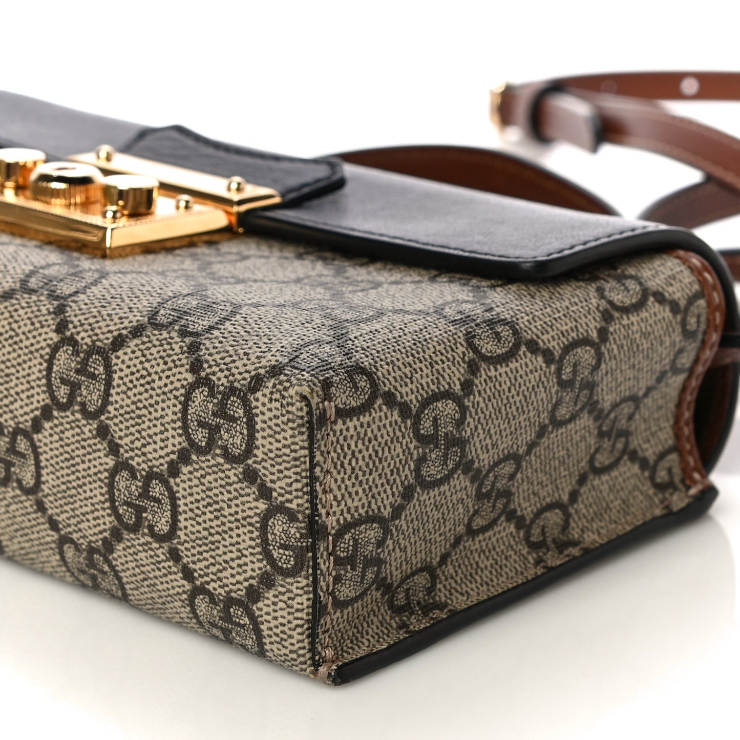 GG Supreme Monogram Calfskin Mini Padlock Top Handle Shoulder Bag Beige Black Cuir