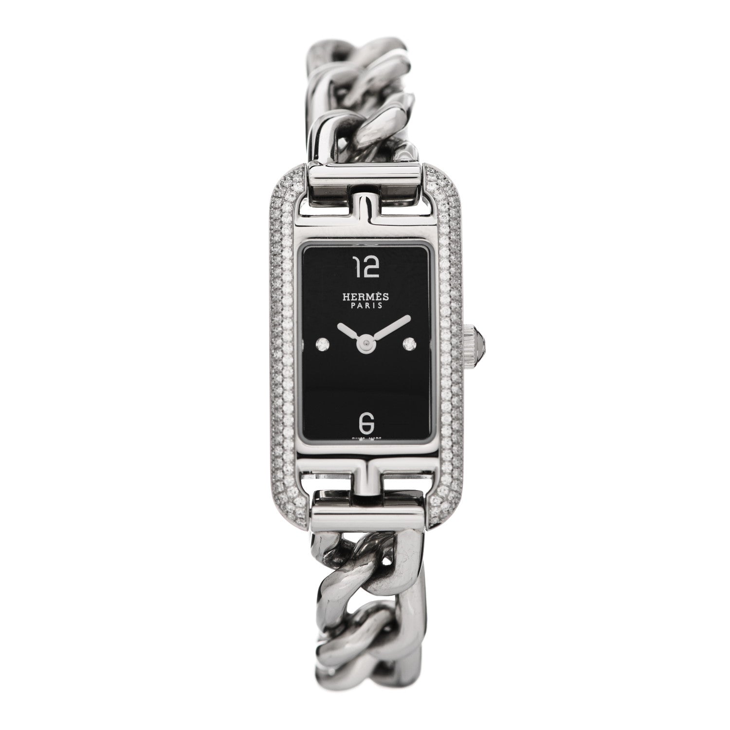 Hermes Stainless Steel Diamond Bezel 17mm Nantucket Quartz Watch Black 1 of 5