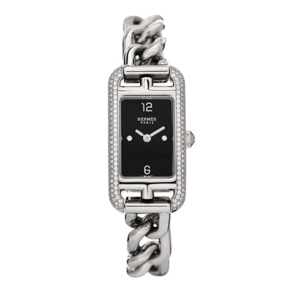 Hermes Stainless Steel Diamond Bezel 17mm Nantucket Quartz Watch Black 1 of 5