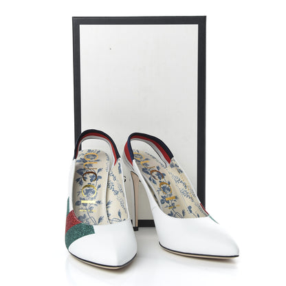 Gucci Calfskin Glitter Web High Heel Slingback Pumps 40.5 White 10 of 10