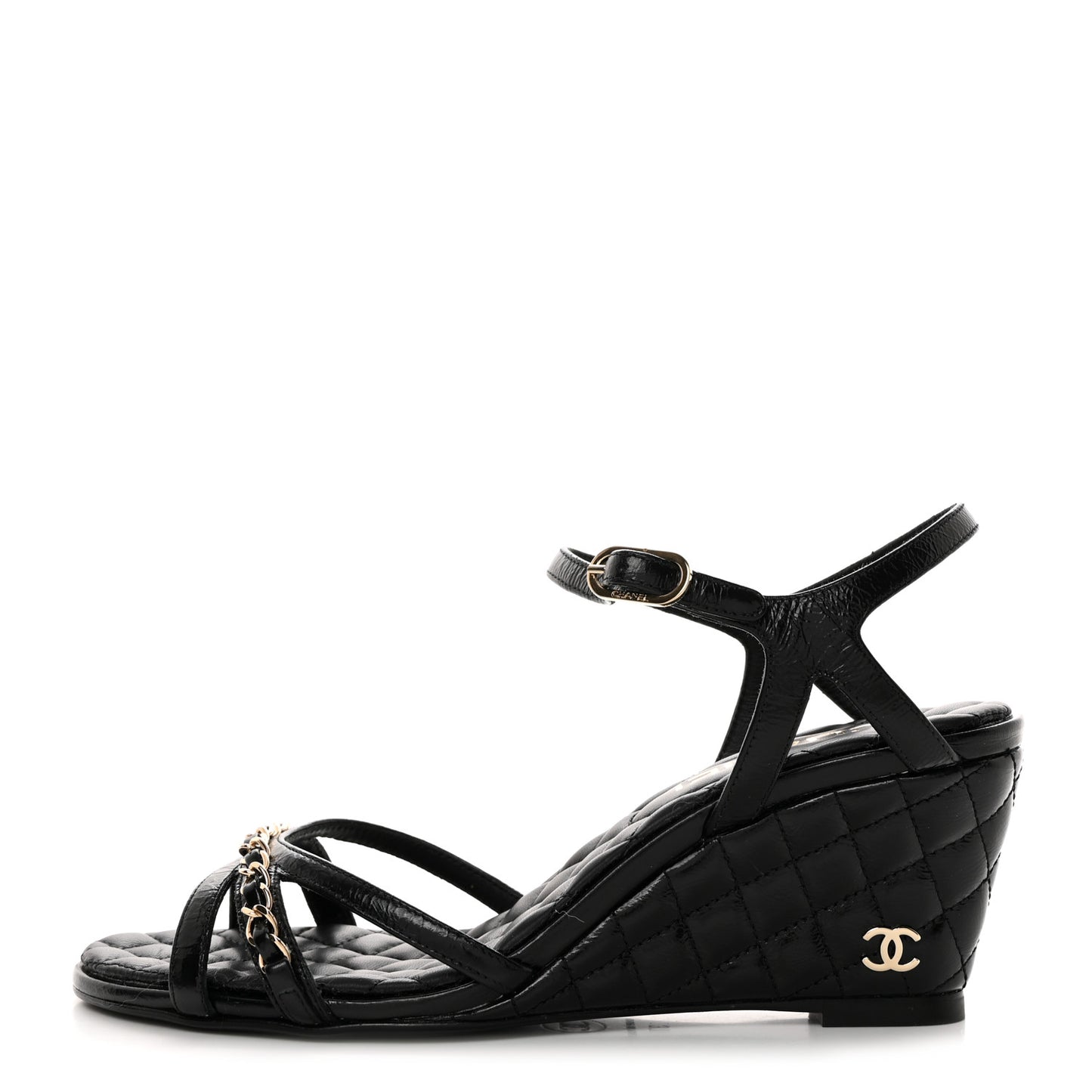 Crumpled Calfskin Quilted Wedge Sandals 37 Black