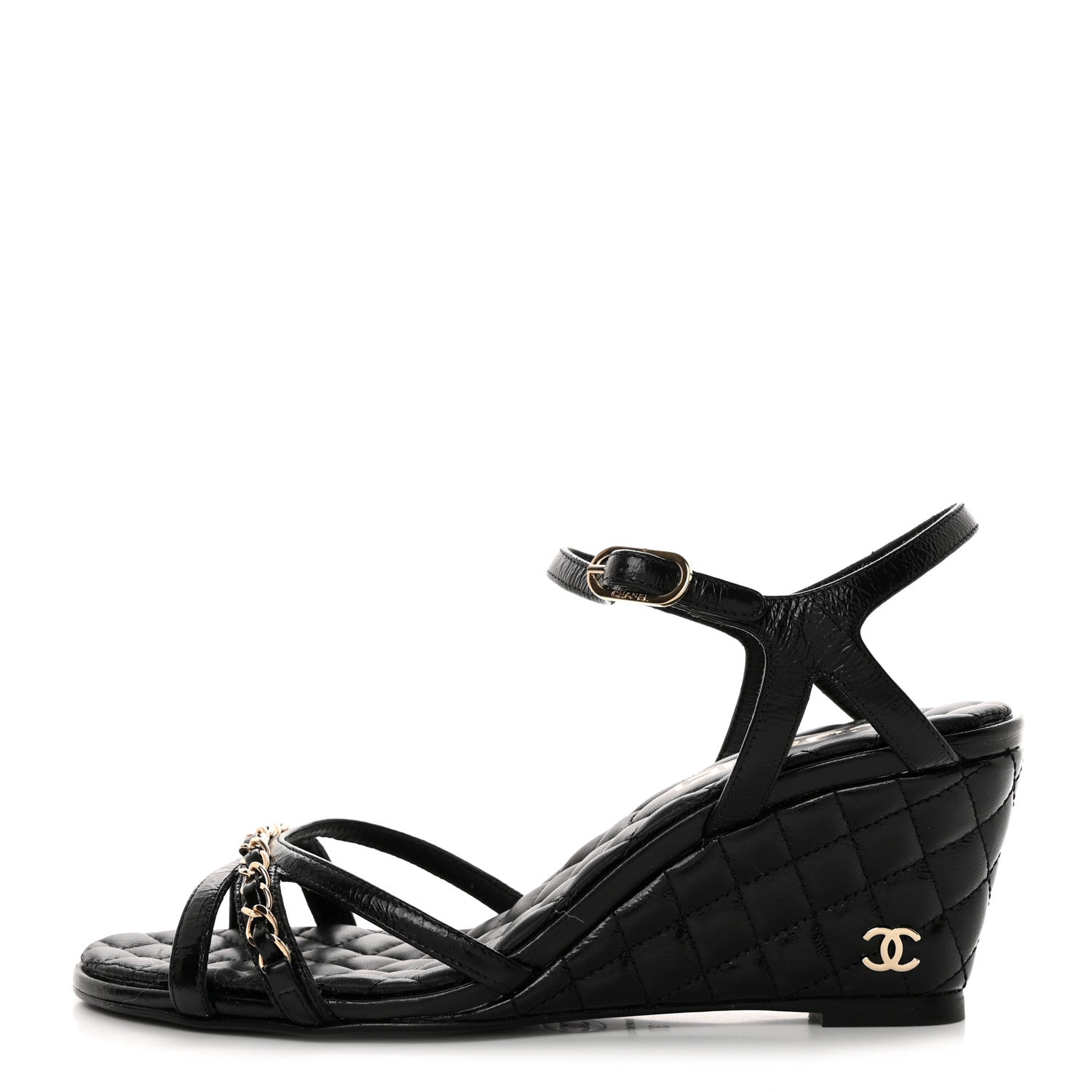 Chanel Crumpled Calfskin Quilted Wedge Sandals 37 Black 1 of 9