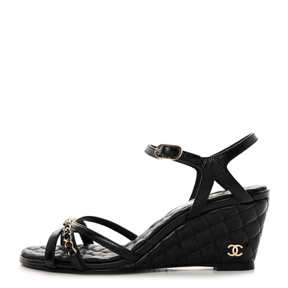 Chanel Crumpled Calfskin Quilted Wedge Sandals 37 Black 1 of 9