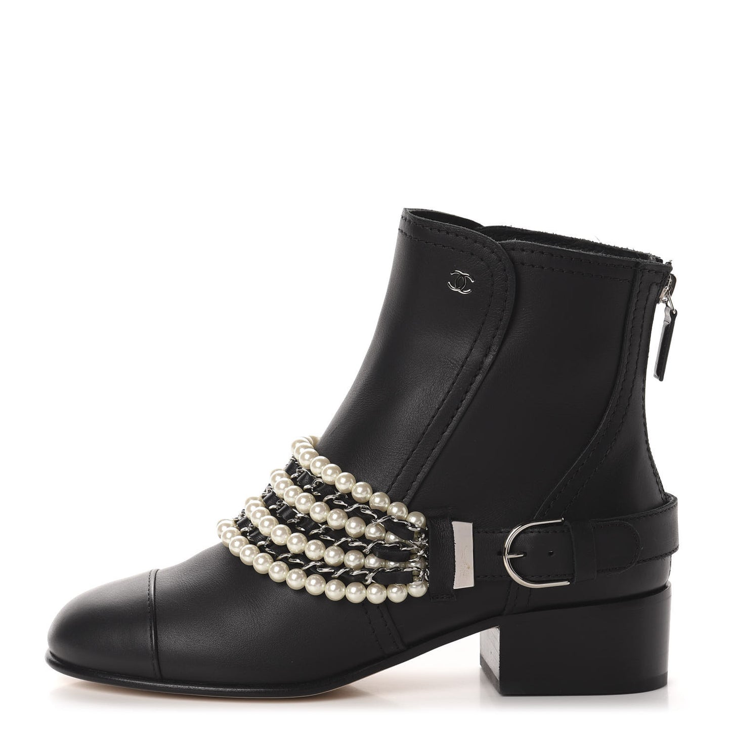 Calfskin Pearl Cap Toe Short Boots 37 Black