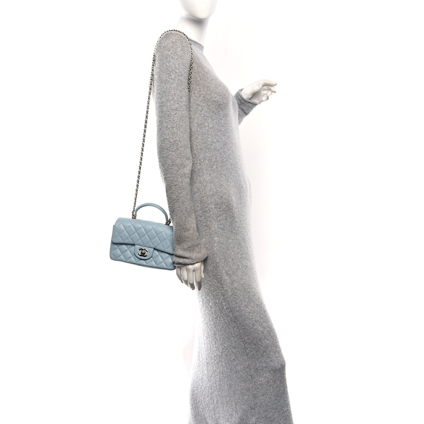 Lambskin Quilted Mini Top Handle Rectangular Flap Light Blue