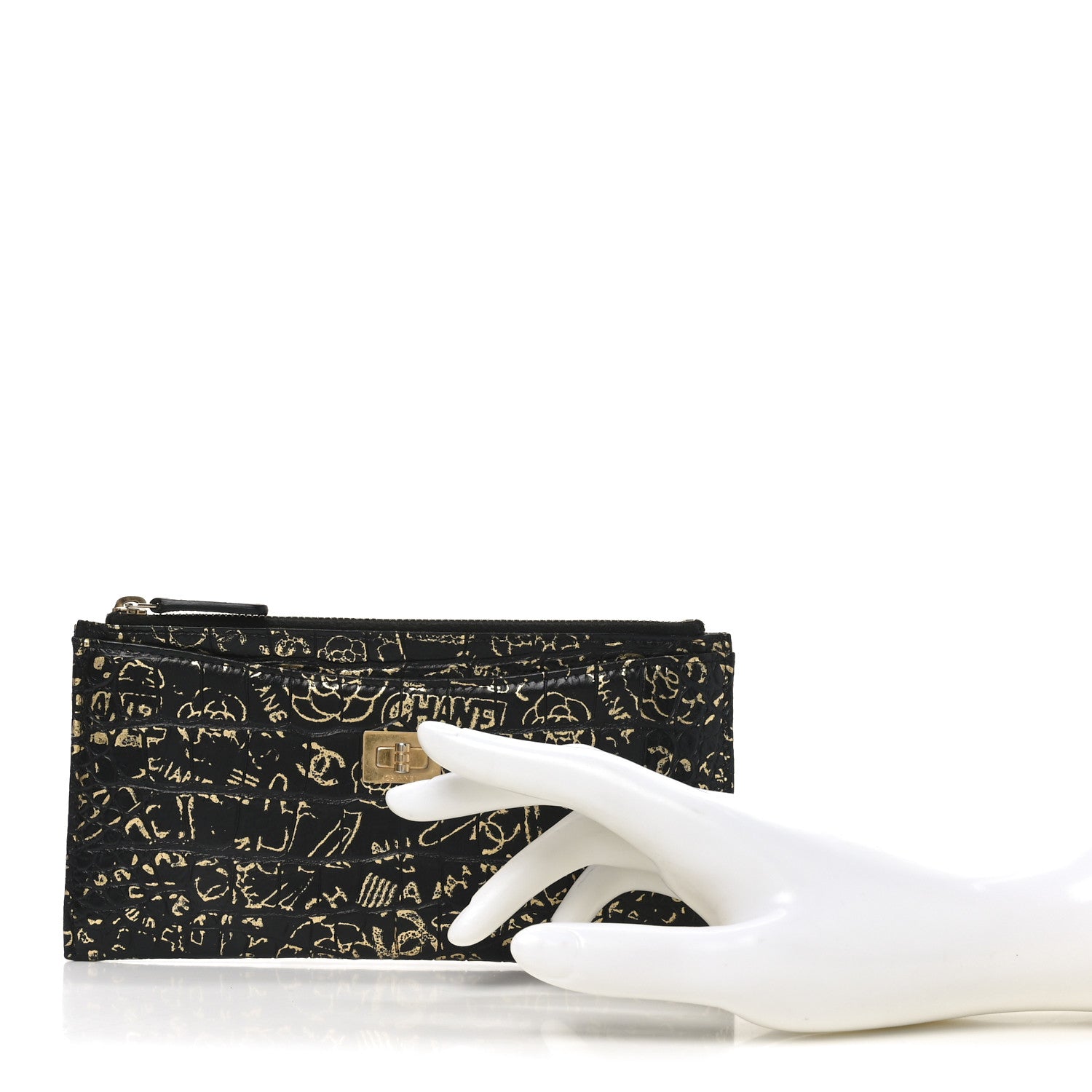 Chanel Calfskin Crocodile Embossed Graffiti 2.55 Cocodile Reissue Zip Pouch Black Gold 2 of 7