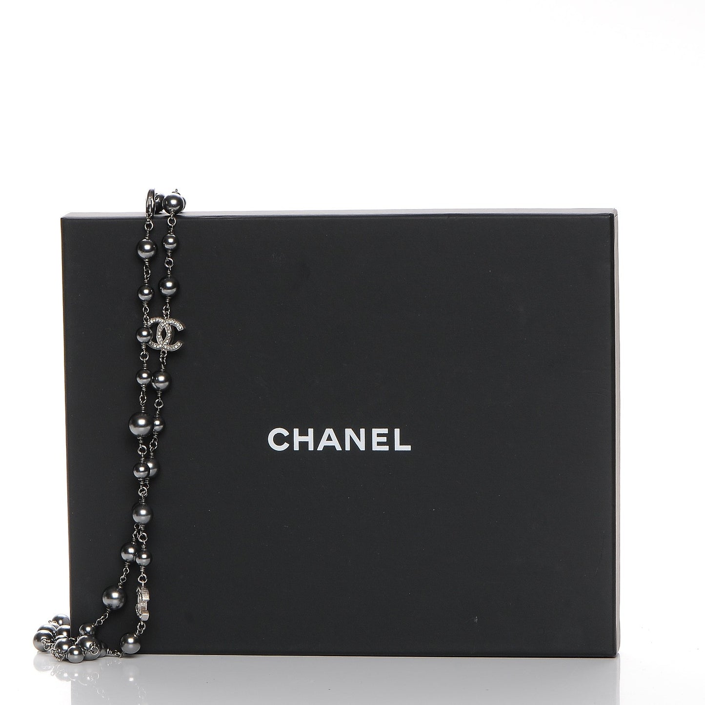 Pearl Crystal CC Long Necklace Silver Grey