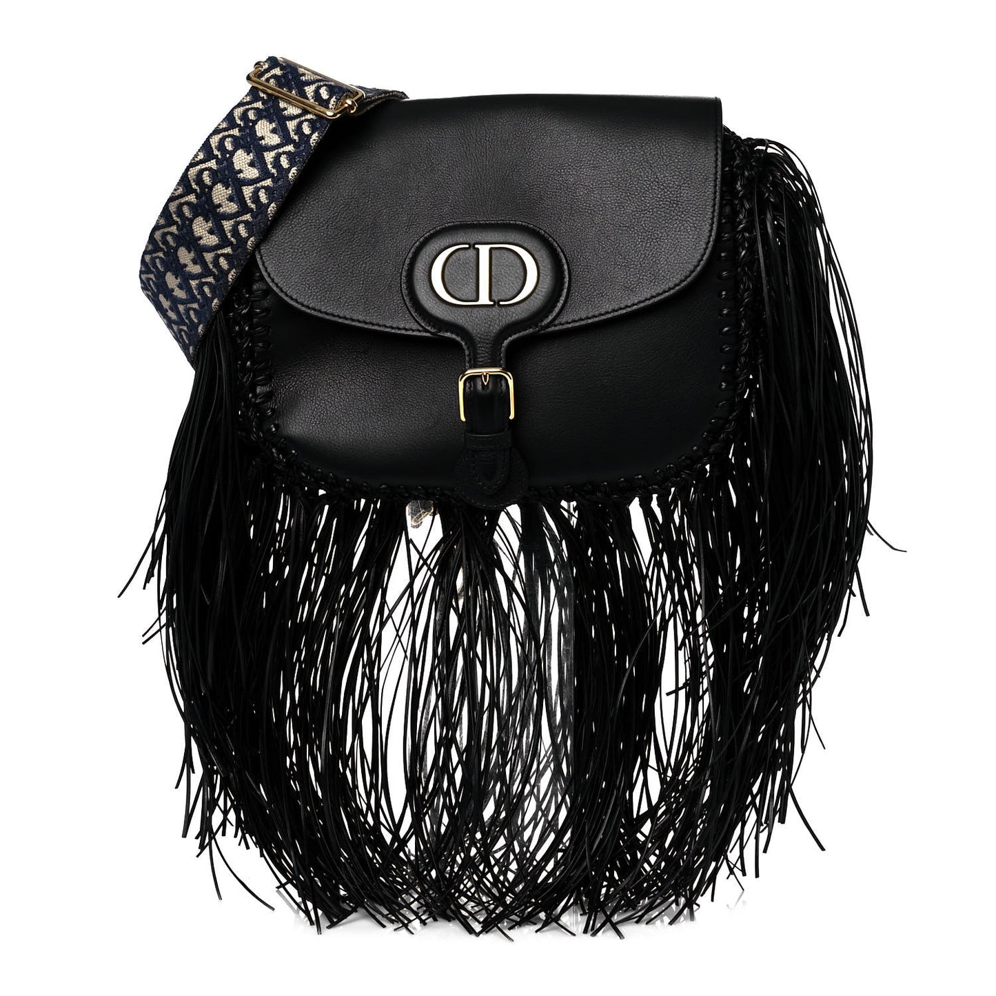 Grained Calfskin Large Fringe Bobby Flap Black