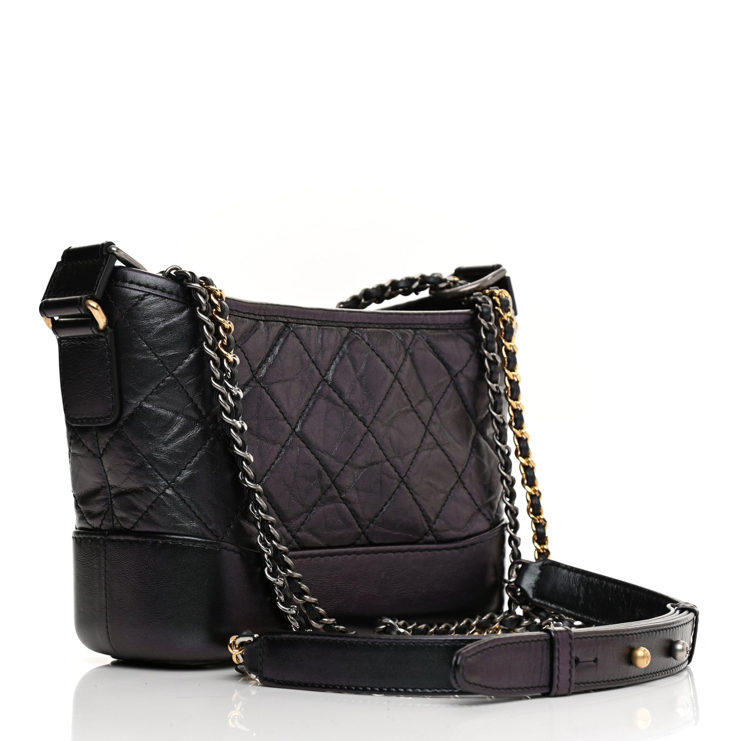 Iridescent Aged Calfskin Quilted Small Gabrielle Hobo Black
