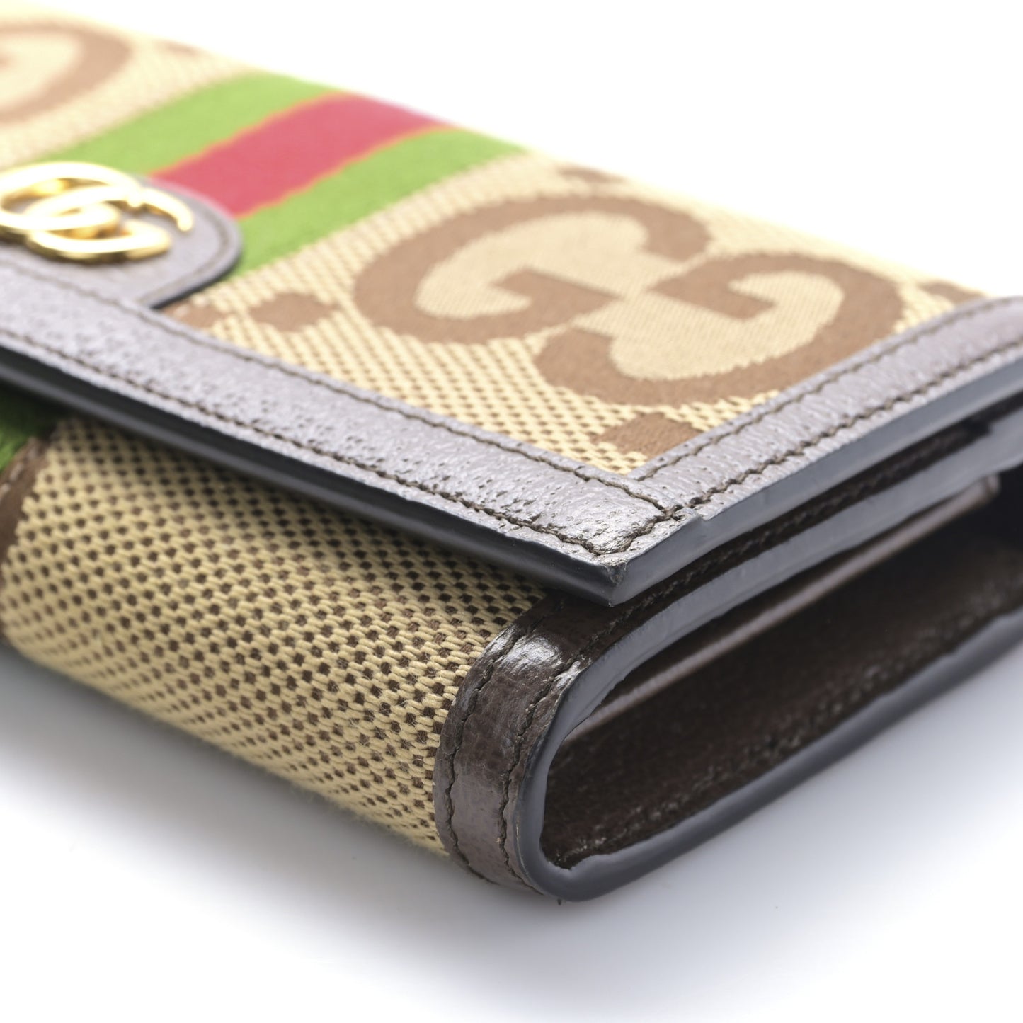 Monogram Jumbo GG Textured Dollar Calfskin Web Ophidia Continental Wallet Camel Ebony New Acero
