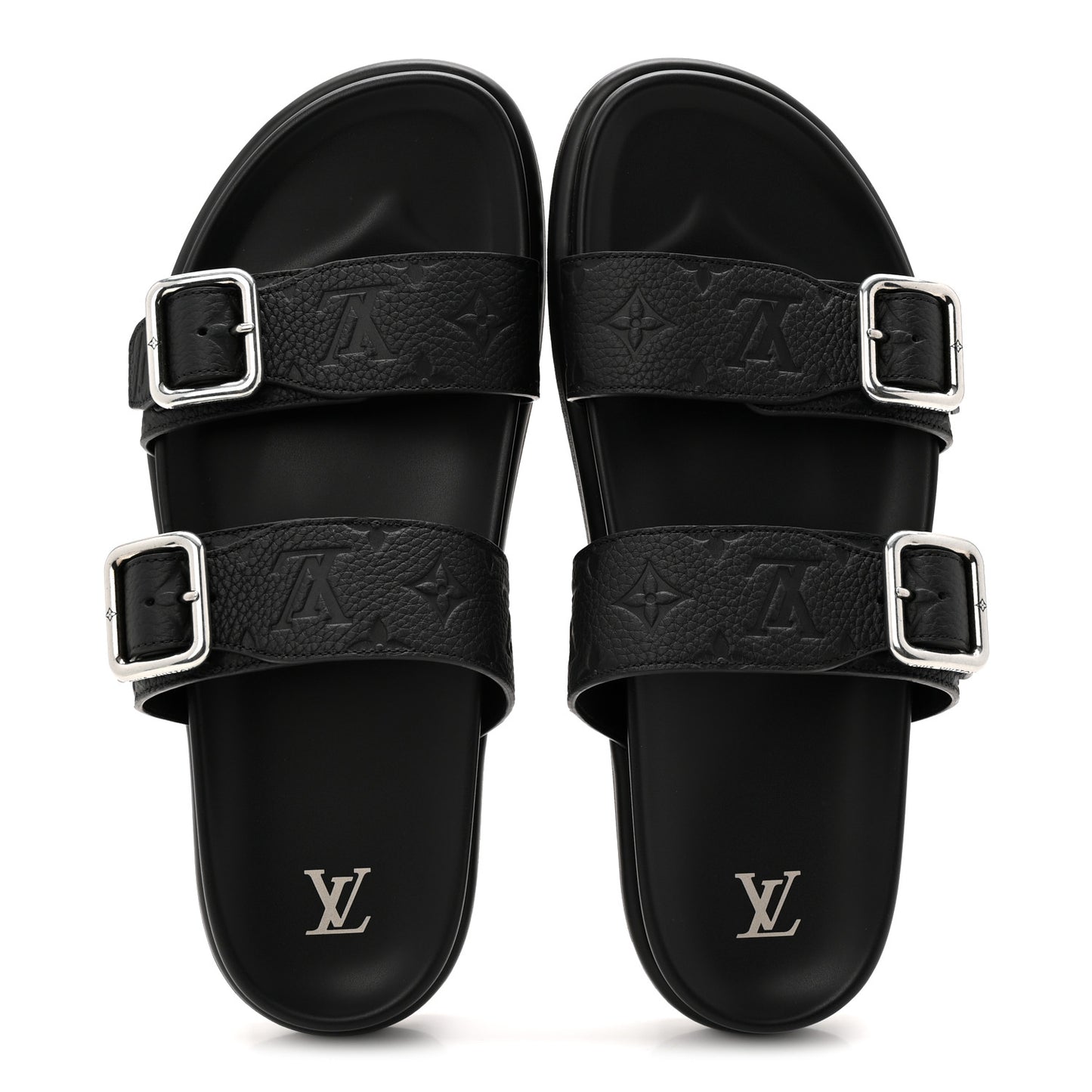 Grained Calfskin Embossed Monogram Mens Venice Mule Sandals 11 Black