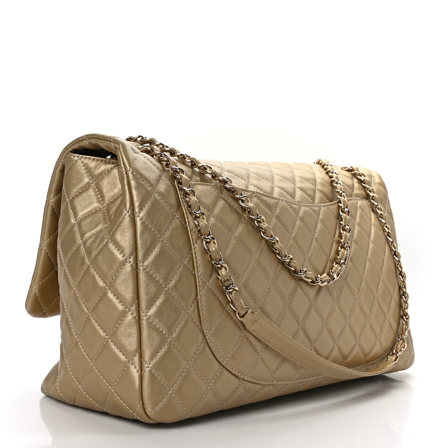 Metallic Calfskin Quilted Small XXL Travel Flap Bag Gold