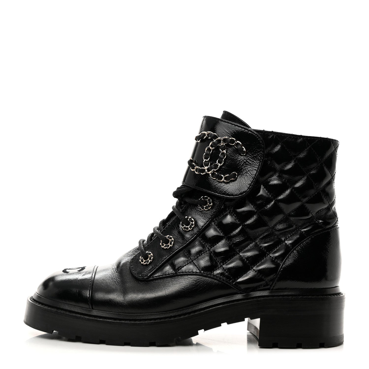 Chanel Shiny Lambskin Quilted Lace Up Combat Boots 40 Black 1 of 8