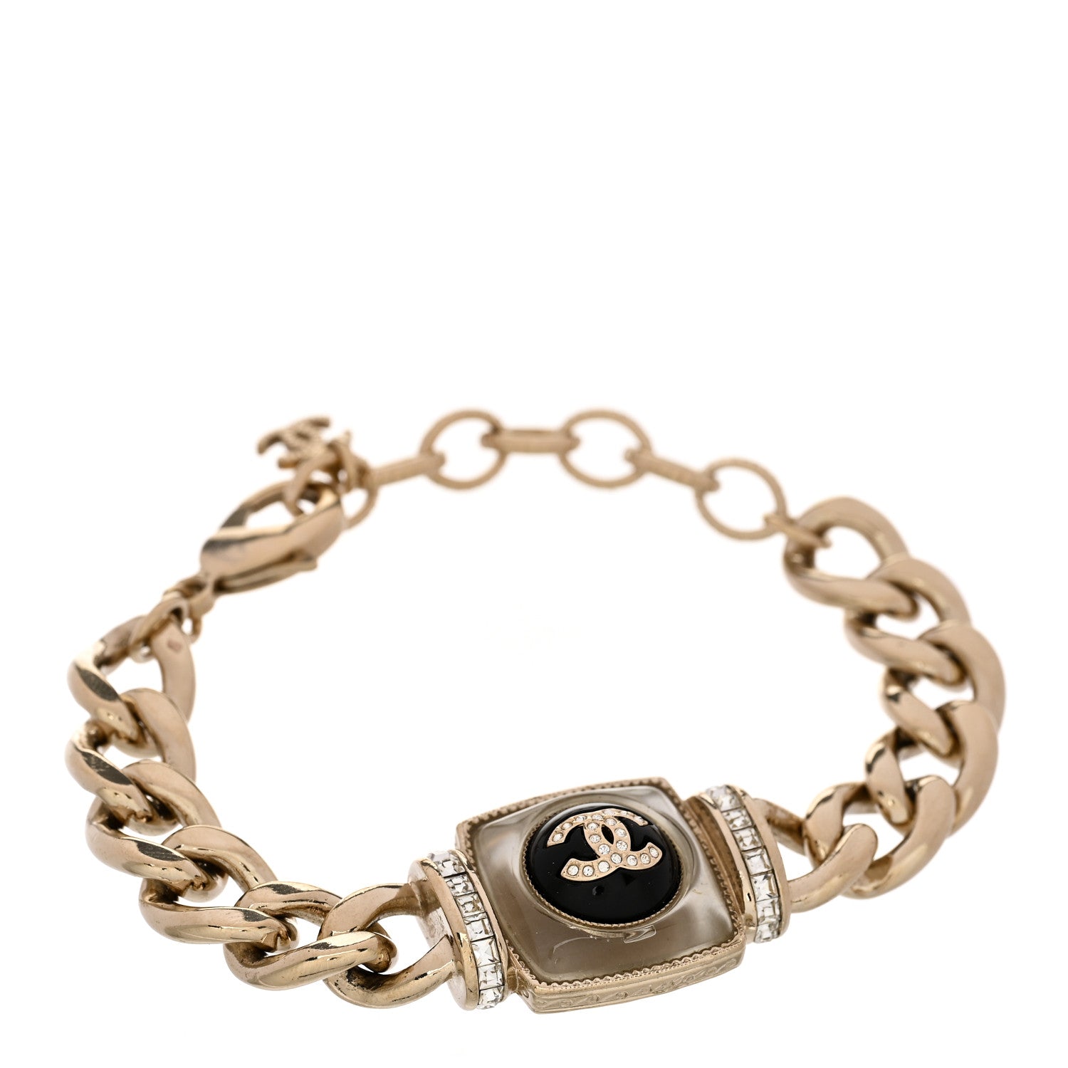 Chanel Metal Glass Pearl Strass CC Pendant Bracelet Gold Black 1 of 4