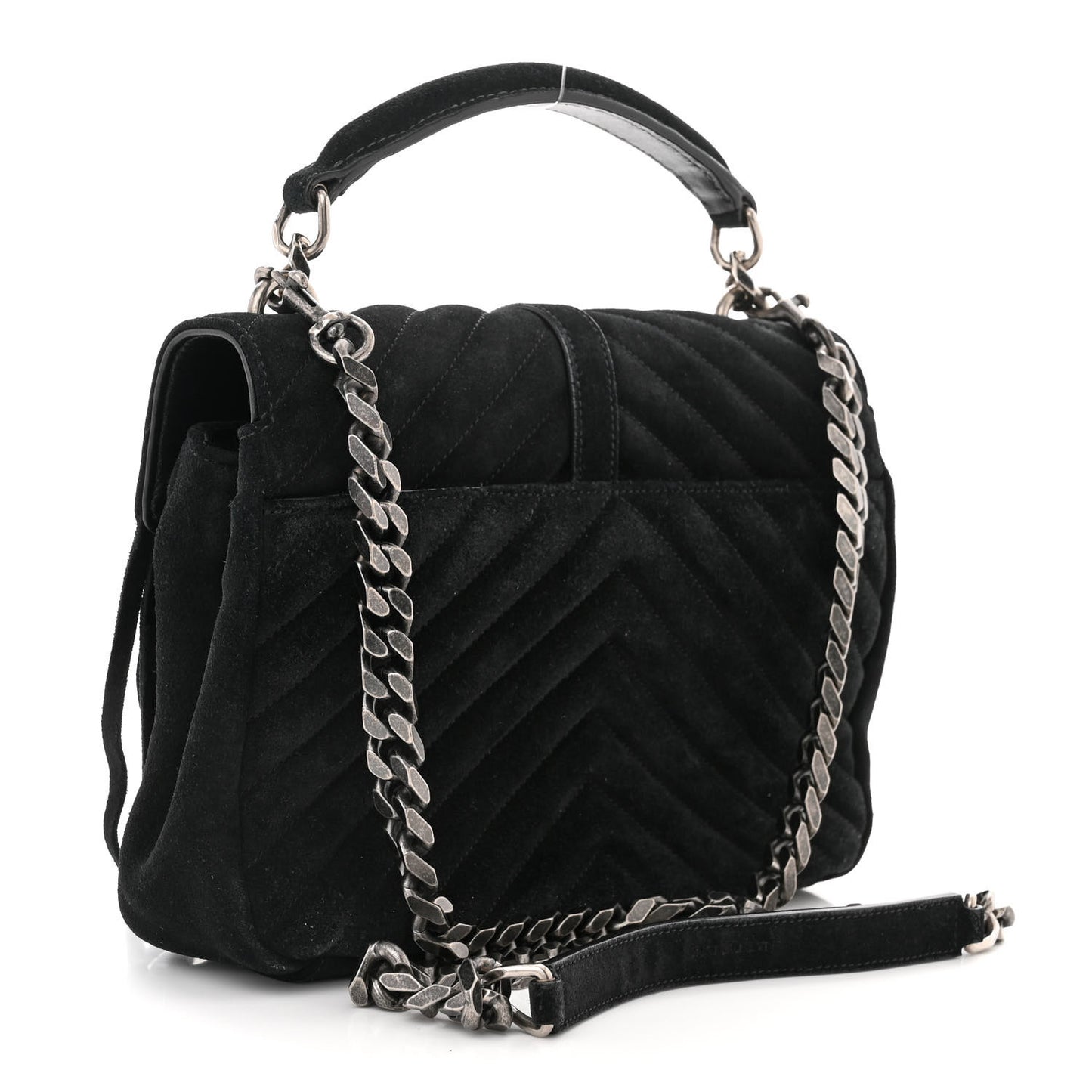 Suede Matelasse Chevron Fringe Monogram Medium College Bag Black