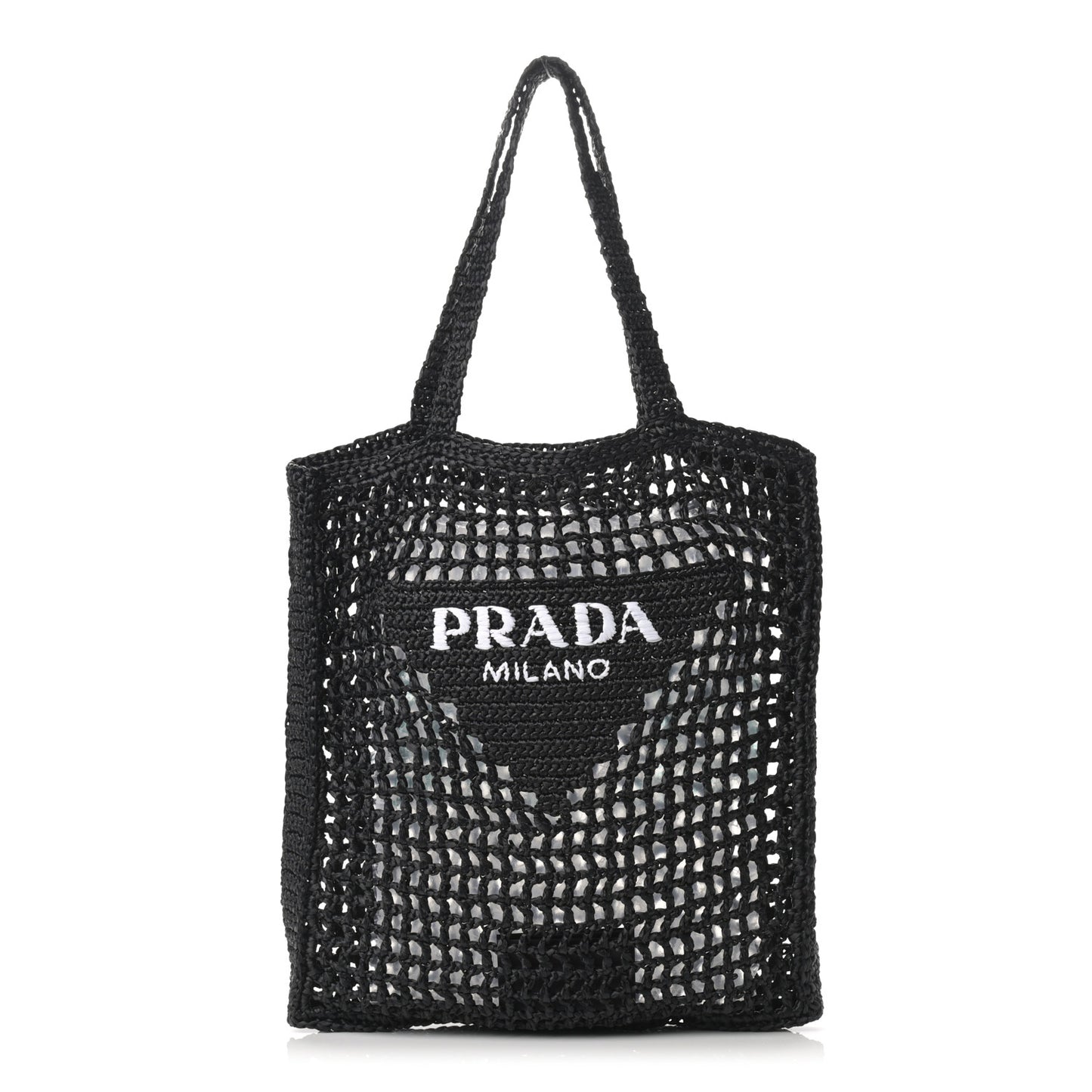Yarn Raffia Effect Crochet Logo Embroidered Tote Bag Black
