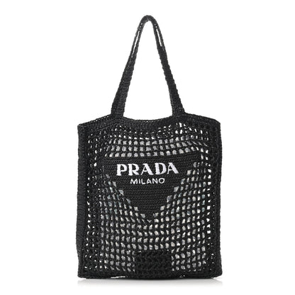 Prada Yarn Raffia Effect Crochet Logo Embroidered Tote Bag Black 1 of 10