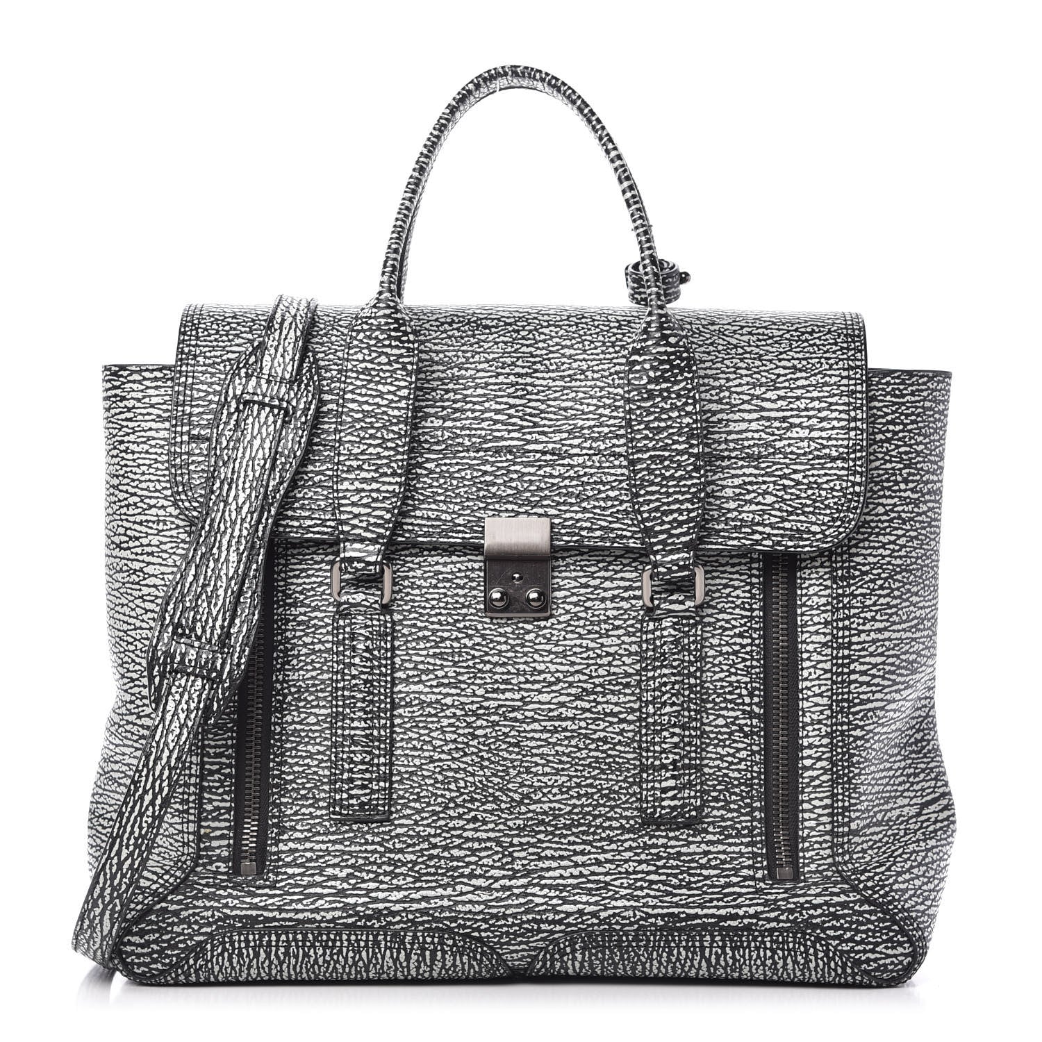 3.1 Phillip Lim Textured Calfskin Large Pashli Satchel Black Cream 1 of 9