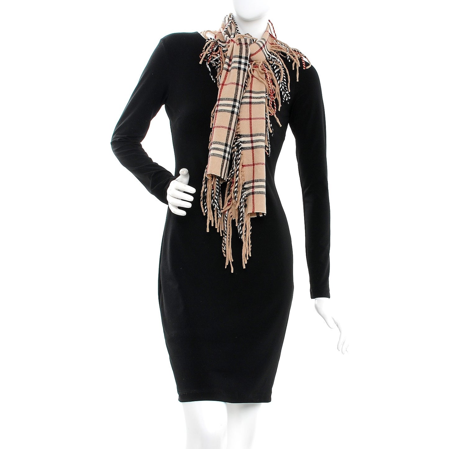 Cashmere Check Happy Fringe Scarf Camel
