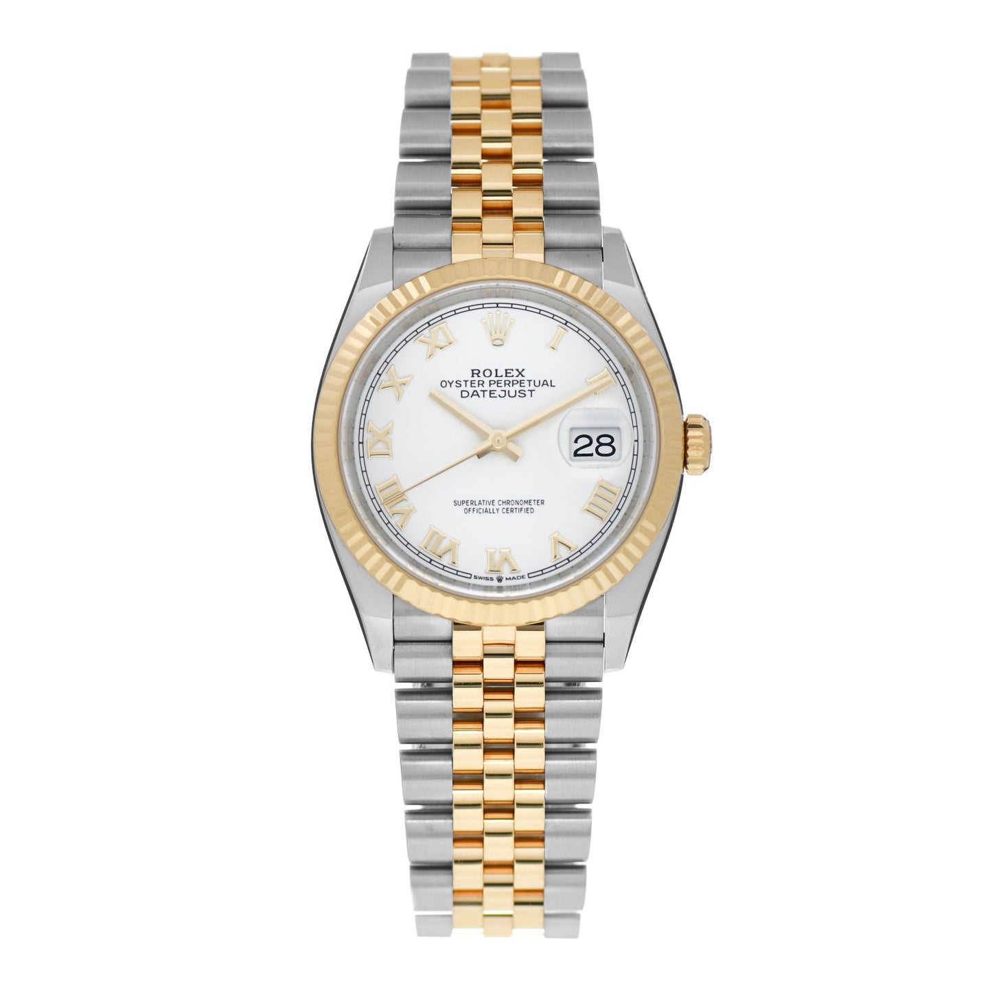 Stainless Steel 18K Yellow Gold 36mm Oyster Perpetual Datejust Watch White Roman 126233