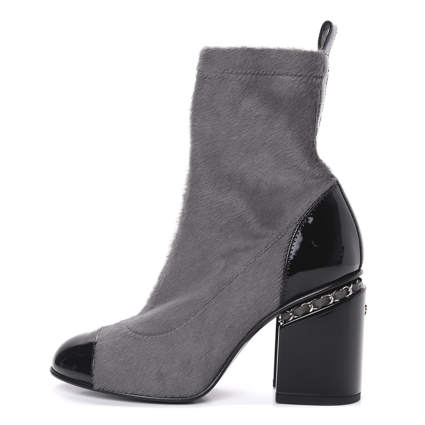 Pony Hair Patent Cap Toe Chain Short Boots 35.5 Grey Black