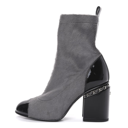 Chanel Pony Hair Patent Cap Toe Chain Short Boots 35.5 Grey Black 1 of 8