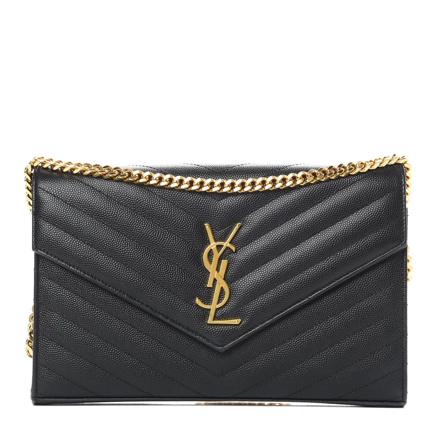 Saint Laurent Grain De Poudre Matelasse Chevron Monogram Chain Wallet Black 1 of 12