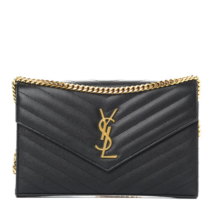 Saint Laurent Grain De Poudre Matelasse Chevron Monogram Chain Wallet Black 1 of 12