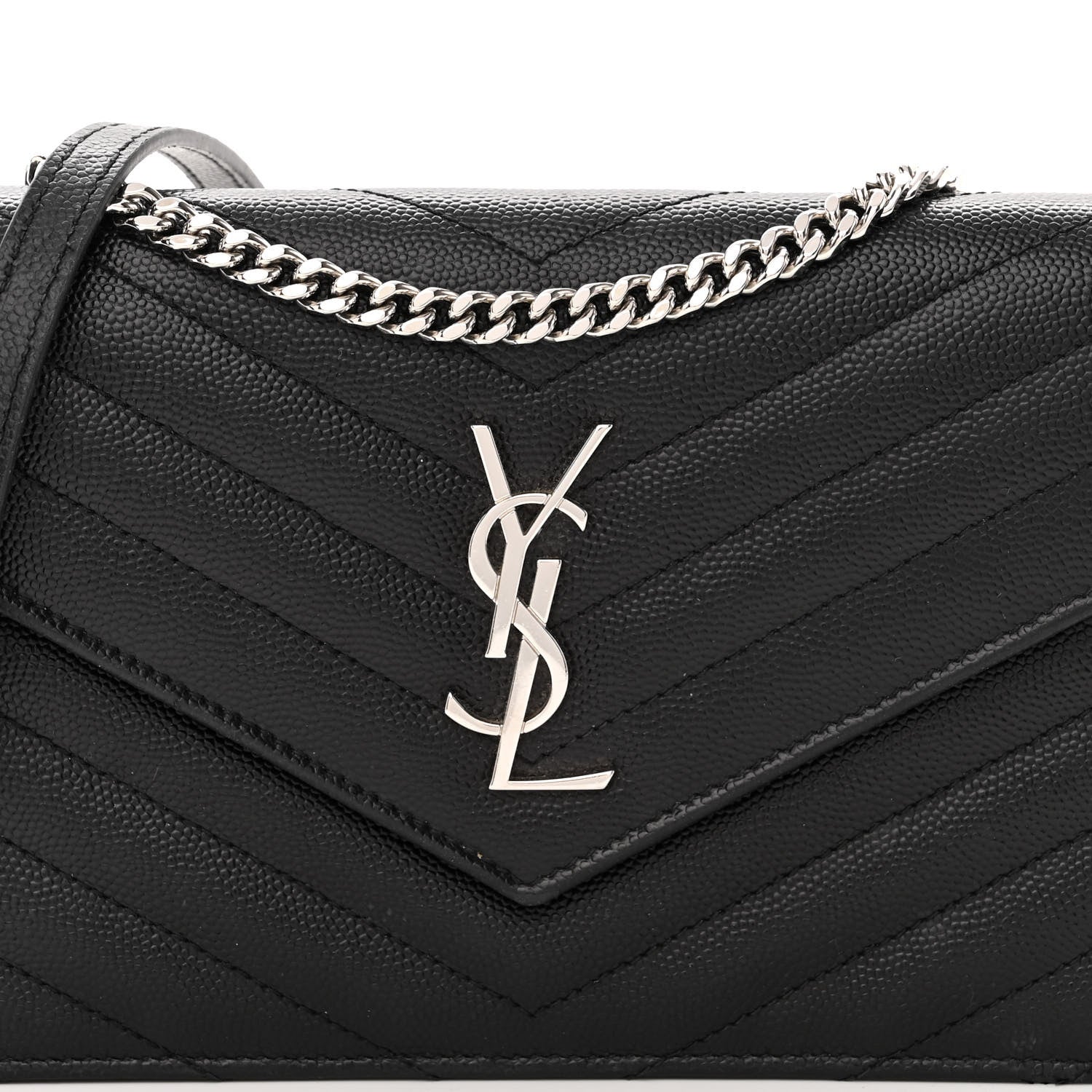 Saint Laurent Grain De Poudre Matelasse Chevron Monogram Envelope Chain Wallet Black 7 of 9