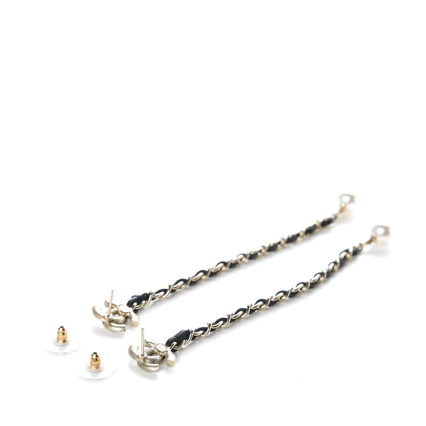 Pearl Calfskin Chain Long Earrings Gold Black