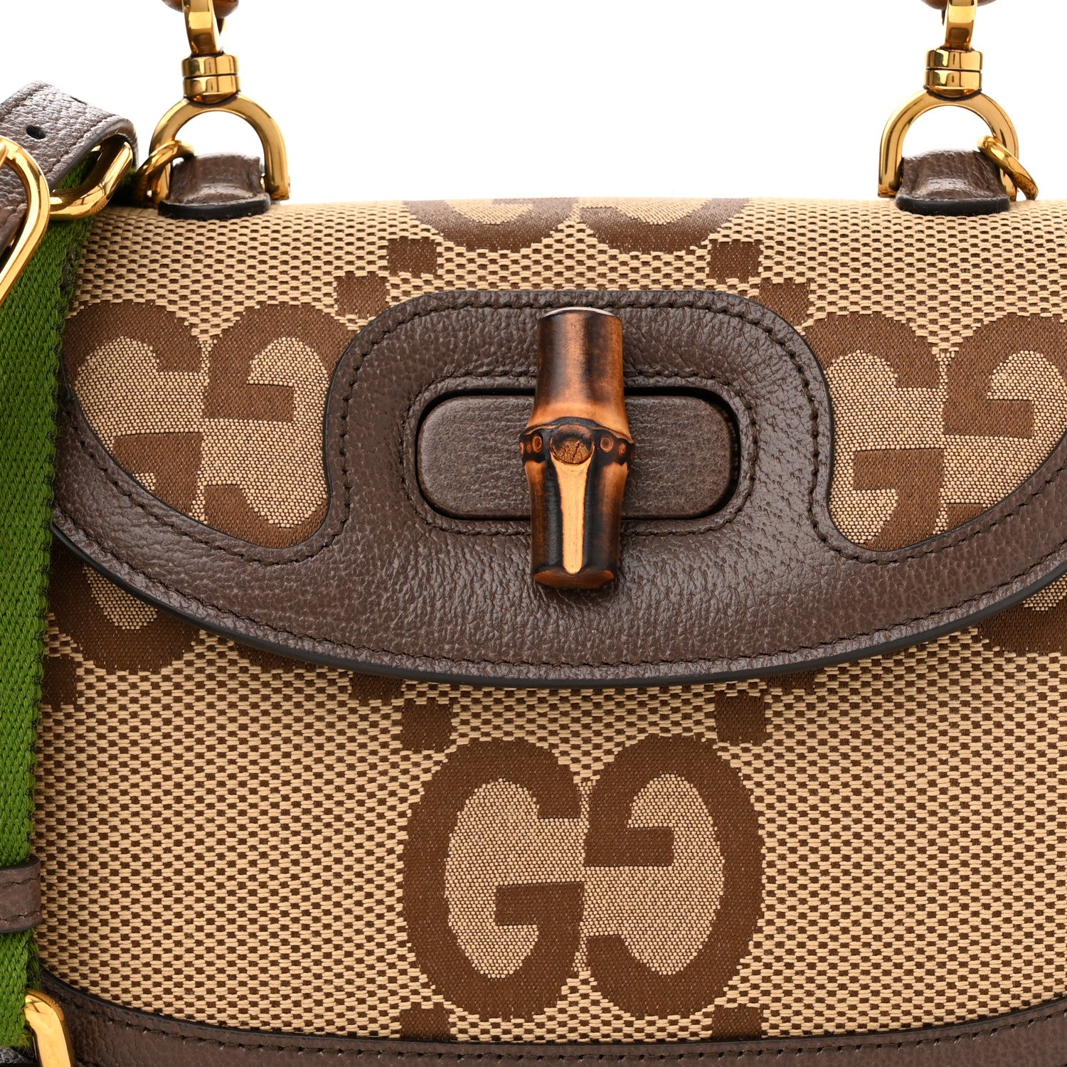 Gucci Monogram Jumbo GG Textured Dollar Calfskin Web Small Bamboo 1947 Top Handle Bag Camel Ebony New Acero 8 of 10