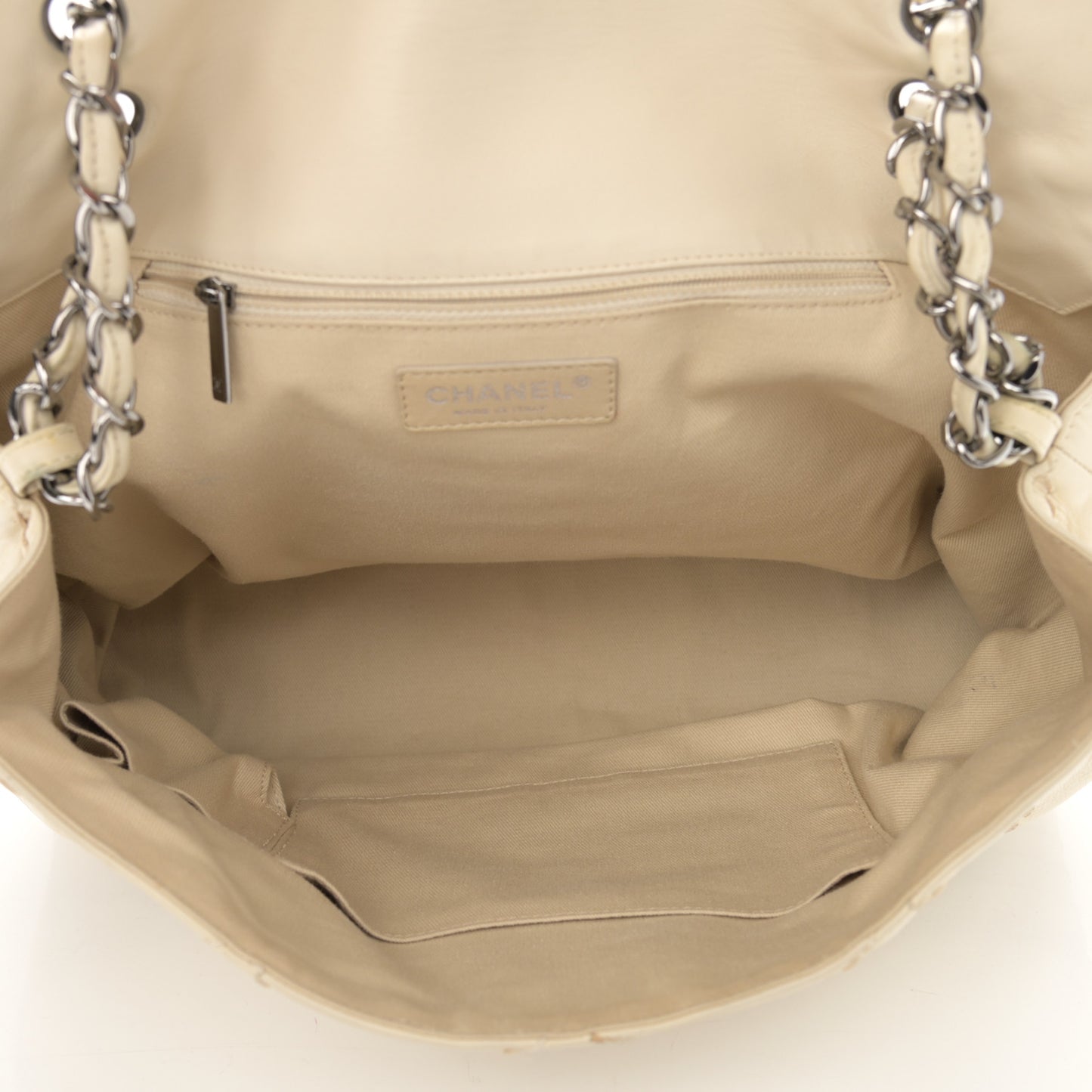 Calfskin Stitched Large Expandable Flap Bag White