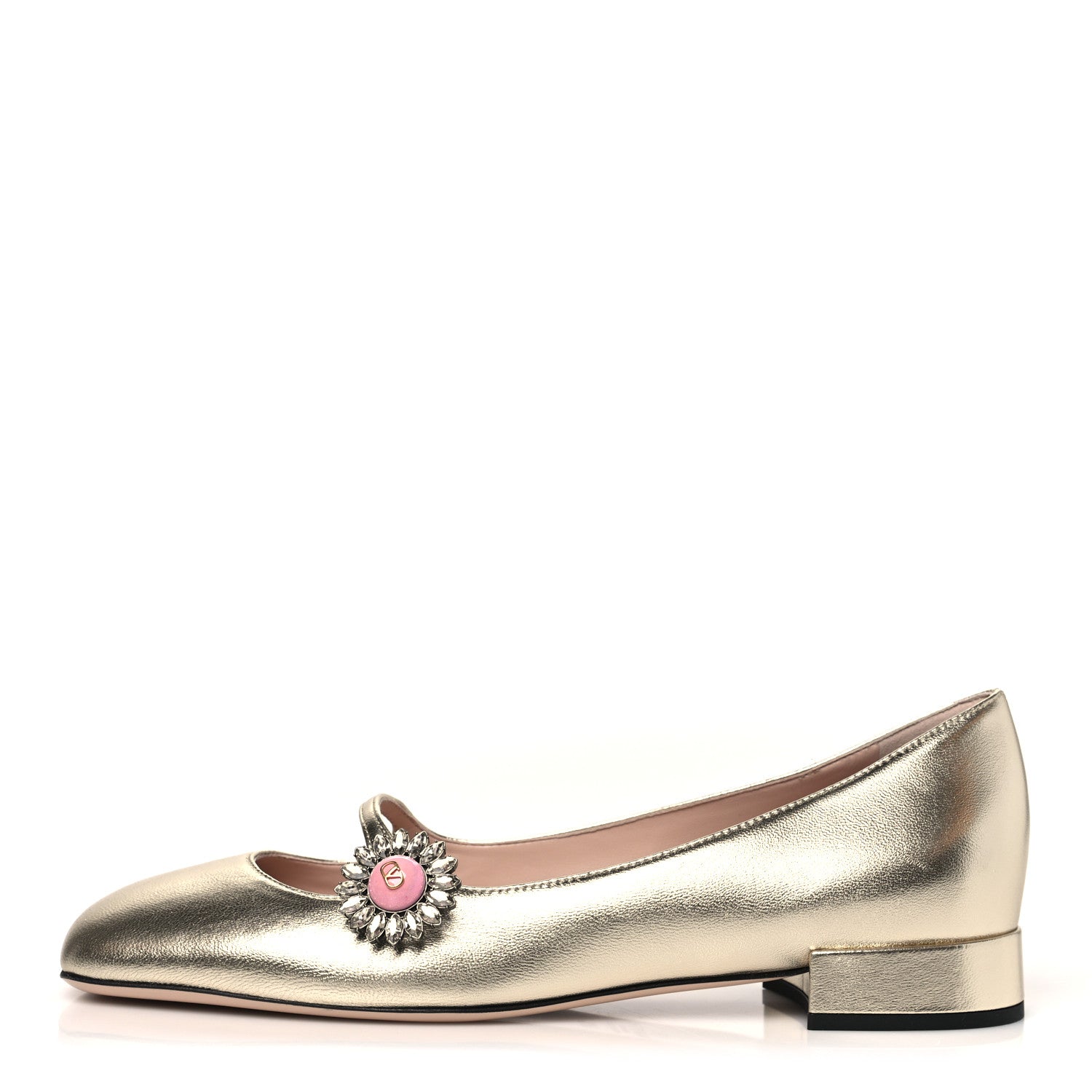 Valentino Garavani Metallic Kidskin Jewel Button Mary Jane Flats 38.5 Gold Pink 1 of 9