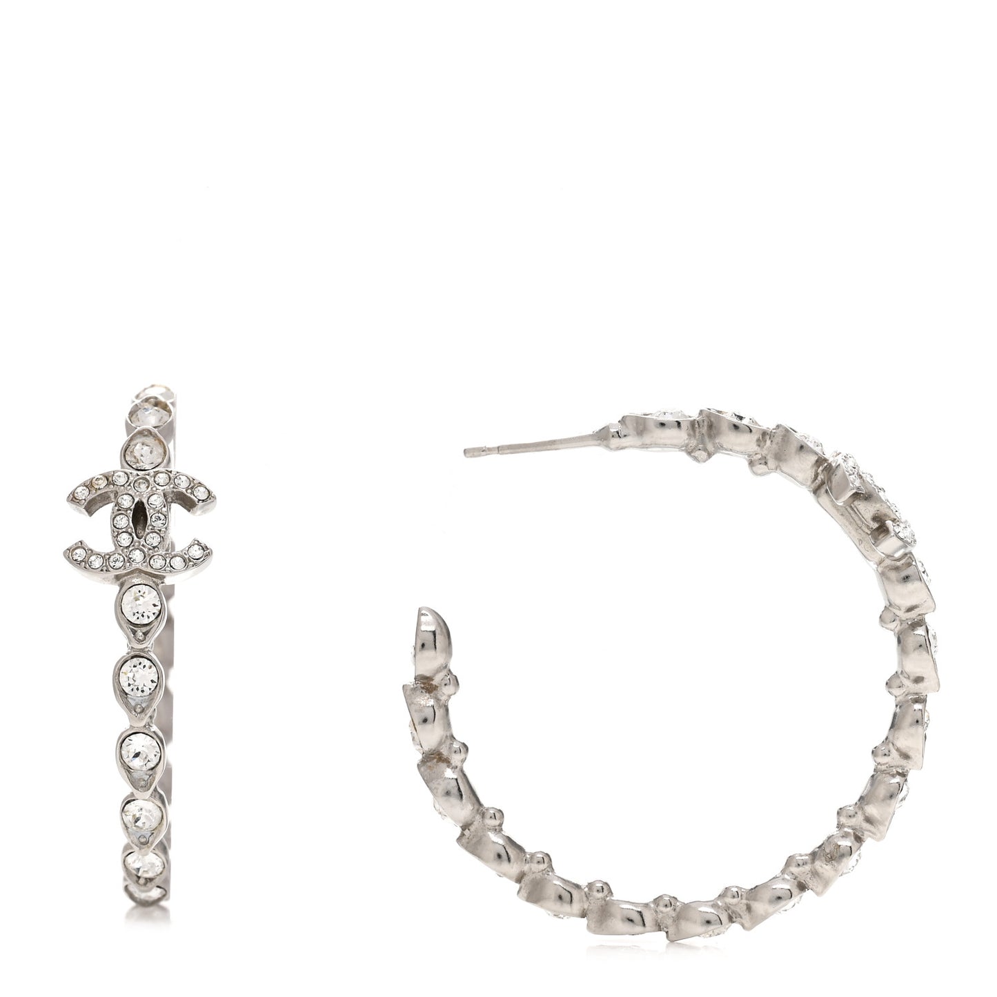 Metal Crystal CC Hoop Earrings Silver