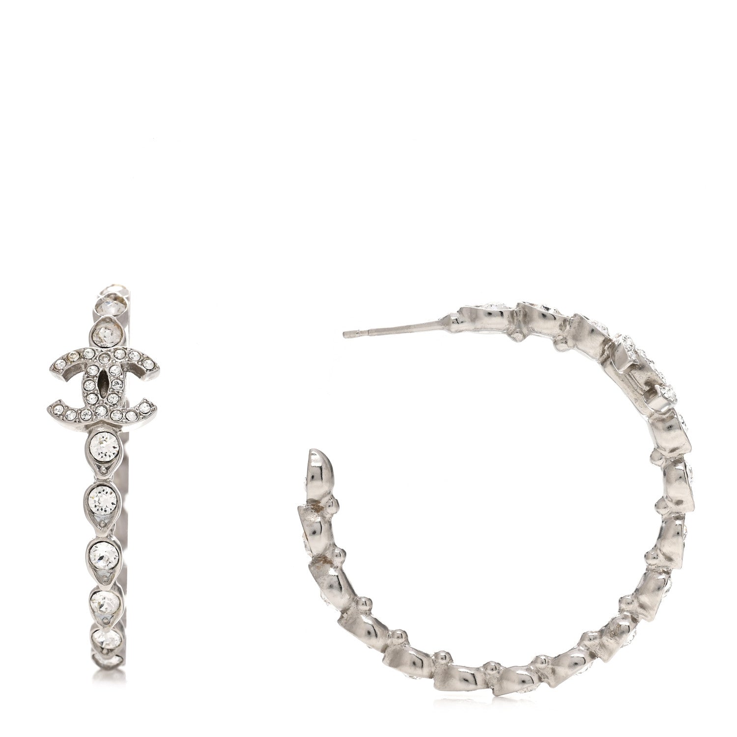 Chanel Metal Crystal CC Hoop Earrings Silver 1 of 4