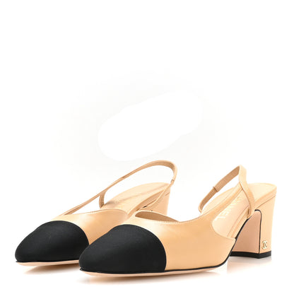 Chanel Goatskin Grosgrain Cap Toe CC Slingback Pumps 39 Beige Black 4 of 9