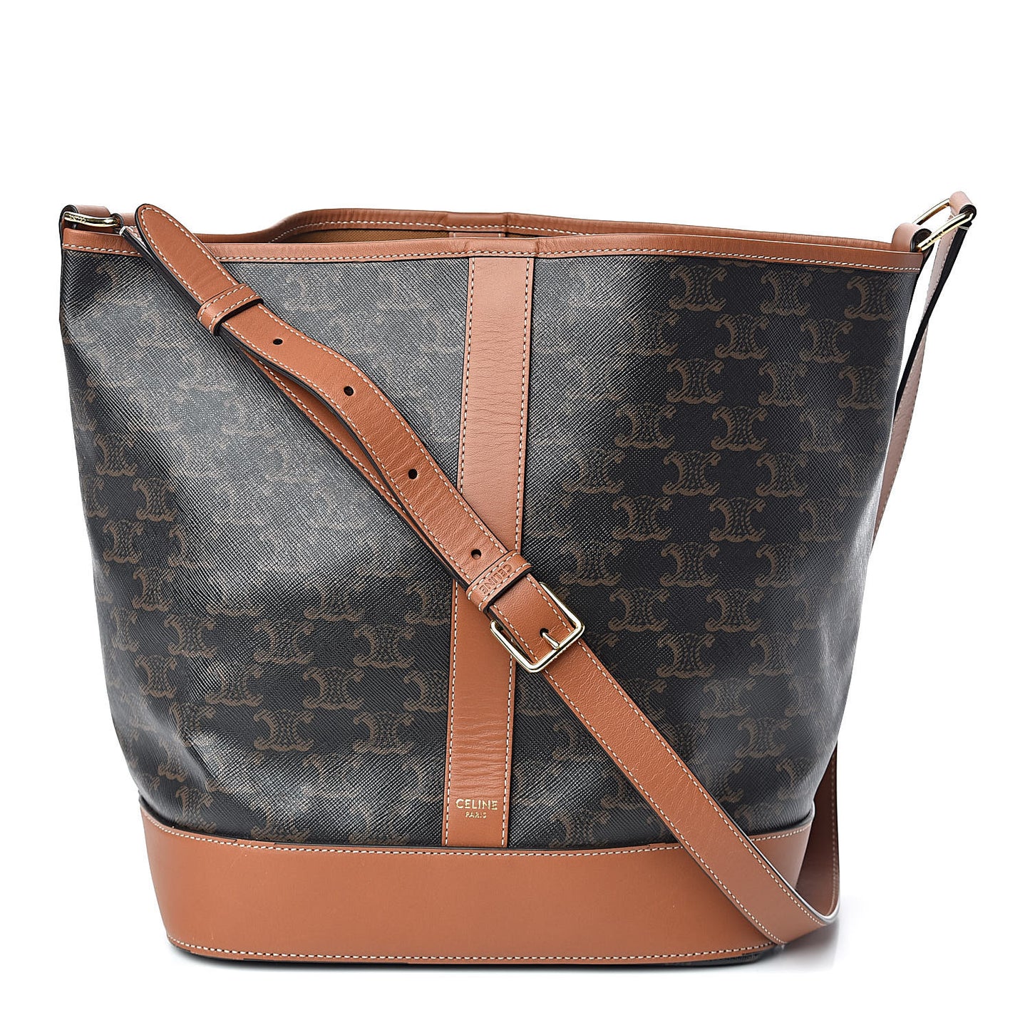 Triomphe Canvas Calfskin Medium Bucket Bag Tan
