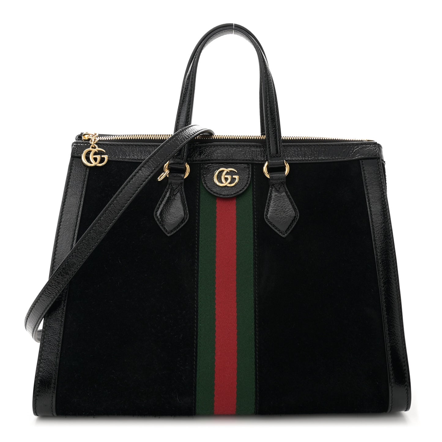 Suede Patent GG Web Medium Ophidia Tote Bag Black