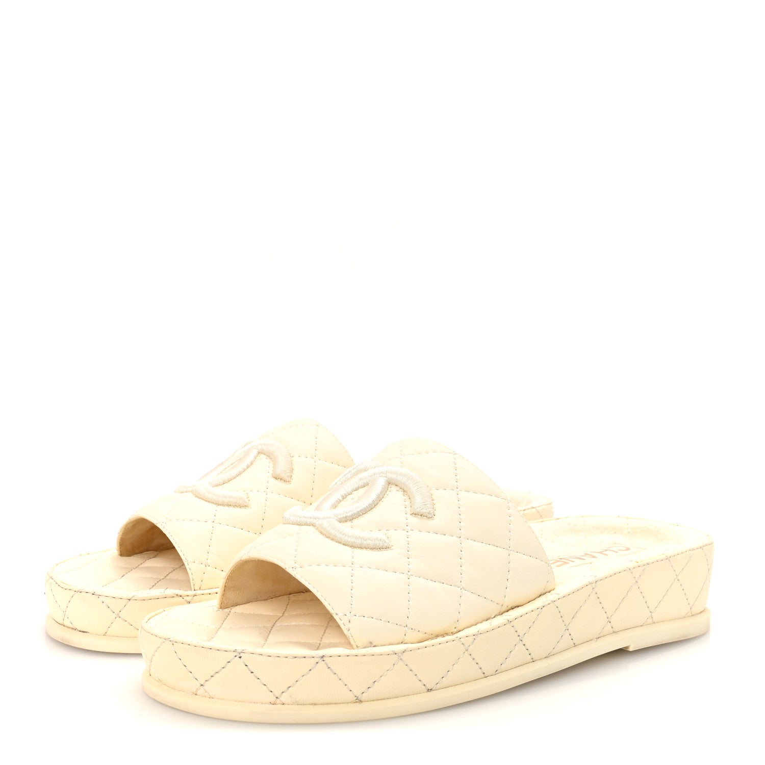 Chanel Lambskin Quilted CC Mules Sandals 38 Ivory 1777255