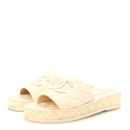Chanel Lambskin Quilted CC Mules Sandals 38 Ivory 4 of 10