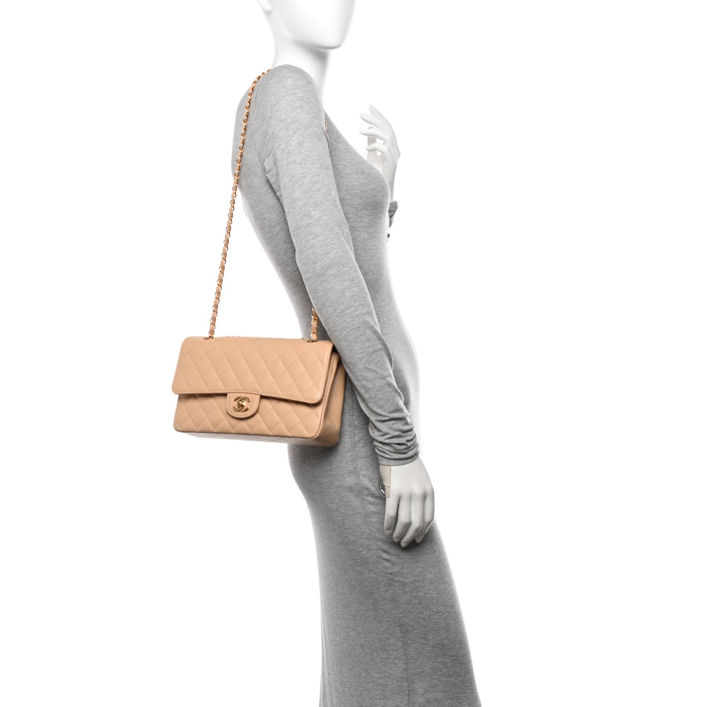 Caviar Quilted Medium Double Flap Beige