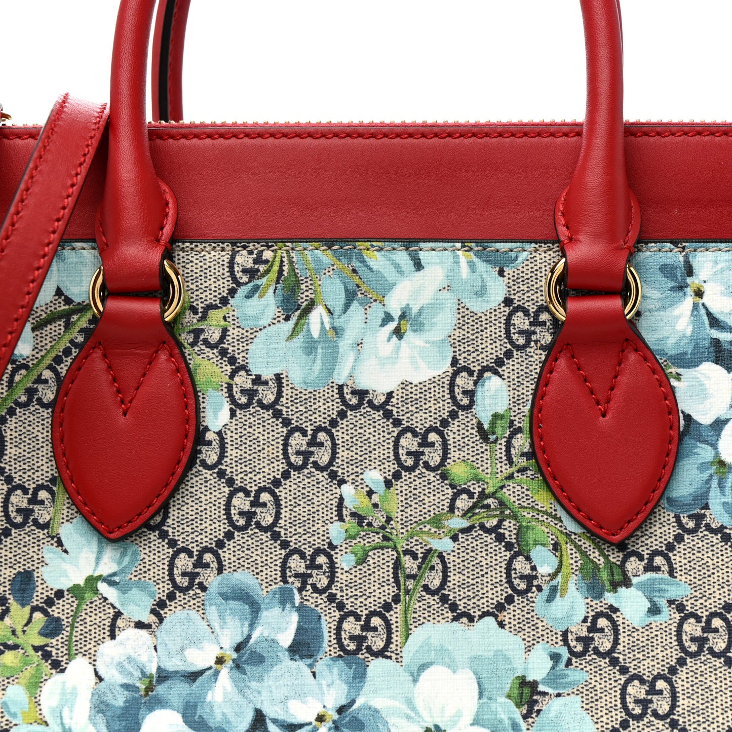 GG Supreme Monogram Blooms Small Zip Top Tote Beige Blue Navy Hibiscus Red